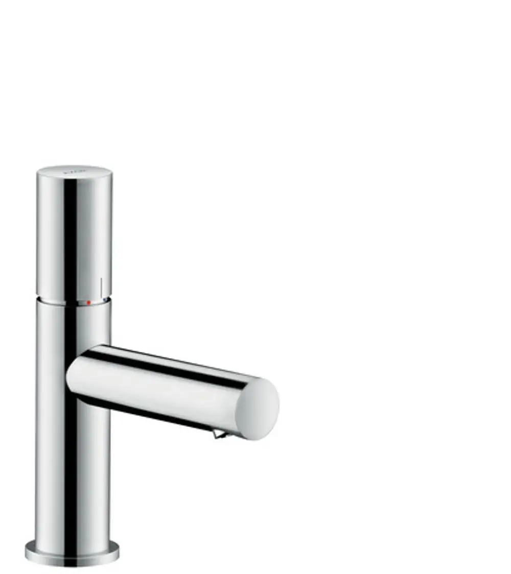 Chromfarbener Einhebel-Waschtischmischer von AXOR mit seitlichem Griff und runder Basis, ausgestattet mit Ablaufgarnitur. Minimalistisches Design ohne zusätzliche Dekoration.
